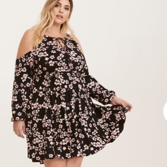 black floral cold shoulder dress